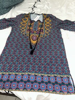 Printed Tunic Dress in Blue and Pink with Contrast Yellow Yoke